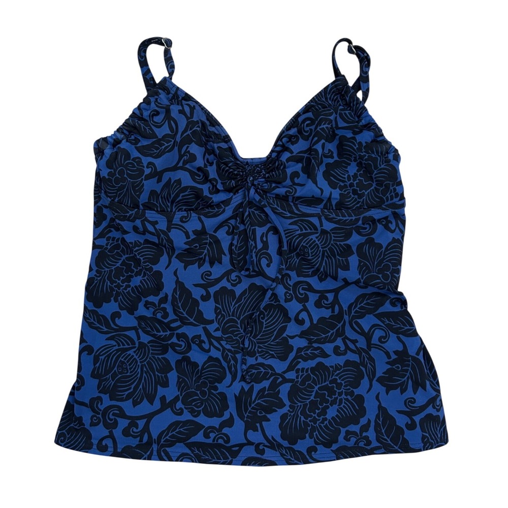 Lands End Swim 8L Blue Black Floral Damask Tankini Top Adjustable